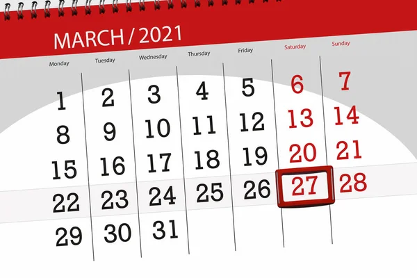 2021年3月份日历规划员 截止日期 27日 星期六 — 图库照片