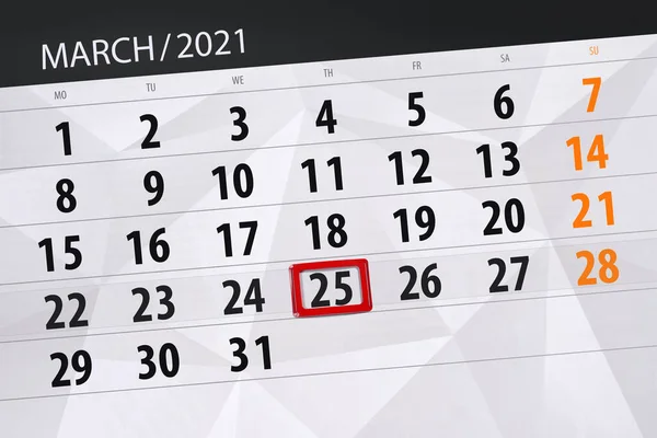 Kalendář Plánovač Měsíc Březen 2021 Termín Den Čtvrtek — Stock fotografie