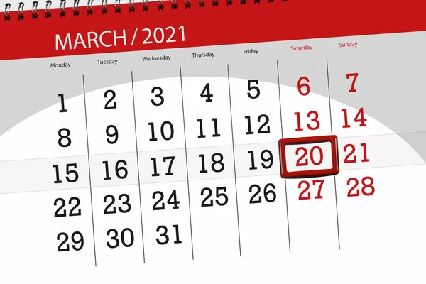 2021年3月 截止日期 20日 星期六日历规划员 — 图库照片