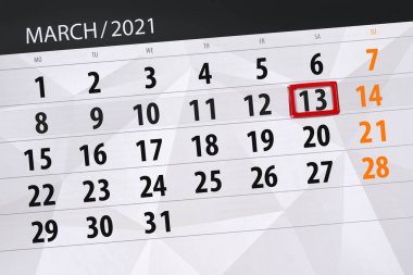 Ayın takvim planlayıcısı Mart 2021, son gün, 13, Cumartesi..