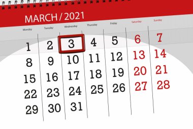 Ayın takvim planlayıcısı Mart 2021, son gün, Çarşamba, 3.