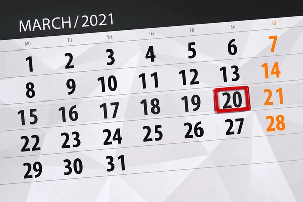 Planificador Calendario Para Mes Marzo 2021 Fecha Límite Sábado — Foto de Stock