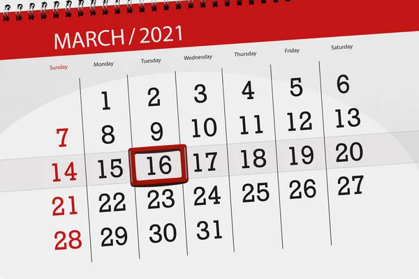 2021年3月份日历规划员 截止日期 16日 星期二 — 图库照片