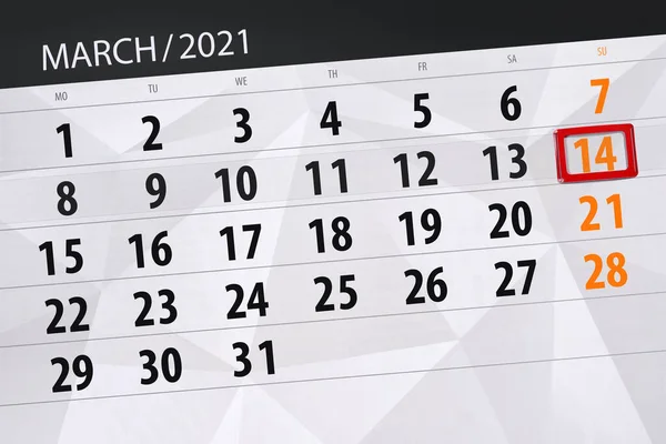 Calendário Planejador Para Mês Março 2021 Data Limite Domingo — Fotografia de Stock