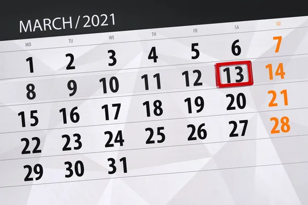 Planificador Calendario Para Mes Marzo 2021 Fecha Límite Sábado — Foto de Stock