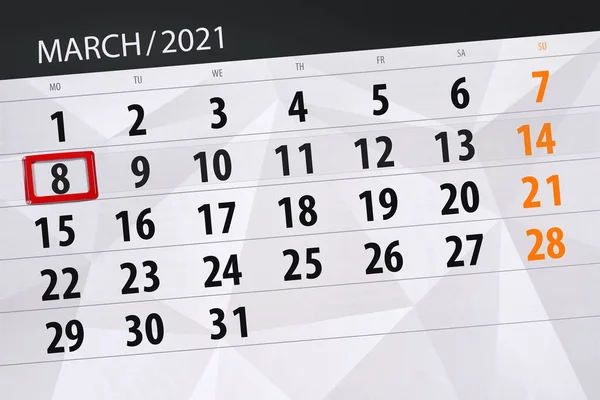Планировщик Календаря Месяц Март 2021 Крайний Срок Понедельник — стоковое фото