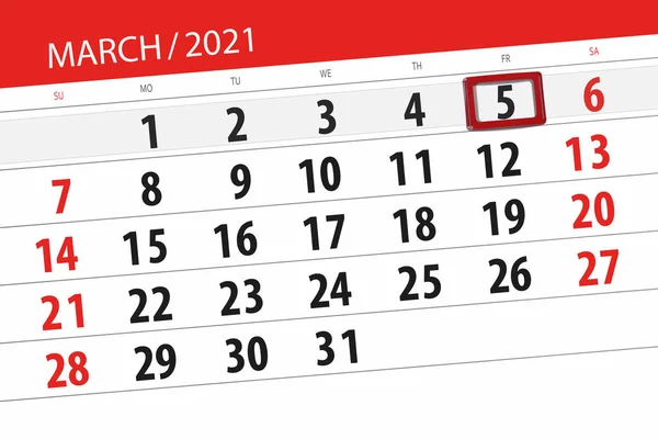 Kalenderplaner Für Den Monat März 2021 Einsendeschluss Freitag — Stockfoto