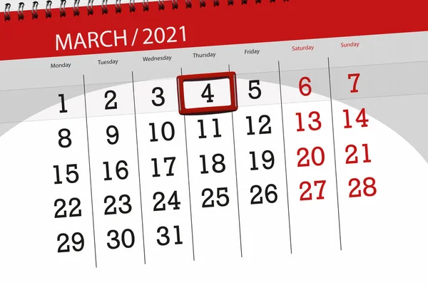 2021年3月份日历计划 截止日期 星期四 — 图库照片