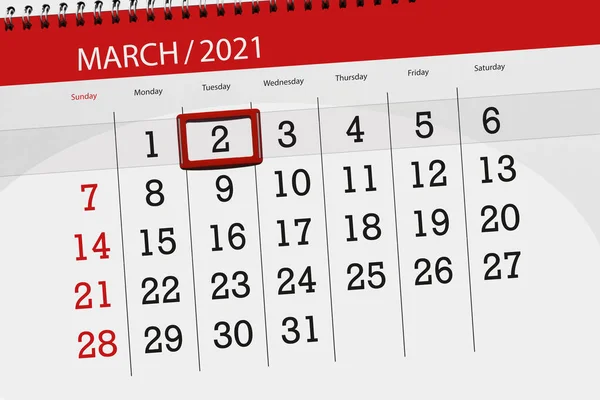 2021年3月的日历计划 截止日期 星期二 — 图库照片