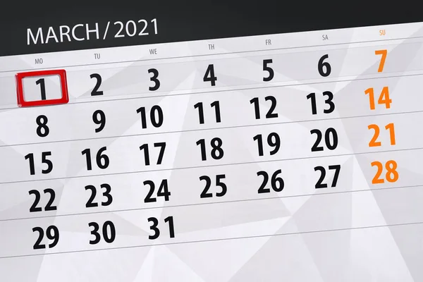 Planificador Calendario Para Mes Marzo 2021 Fecha Límite Lunes — Foto de Stock