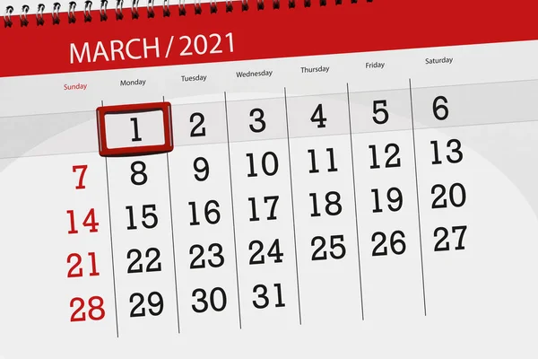 2021年3月份日历计划 截止日期1 星期一 — 图库照片