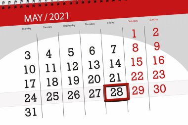 Ayın takvim planlayıcısı Mayıs 2021, son gün, 28, Cuma.