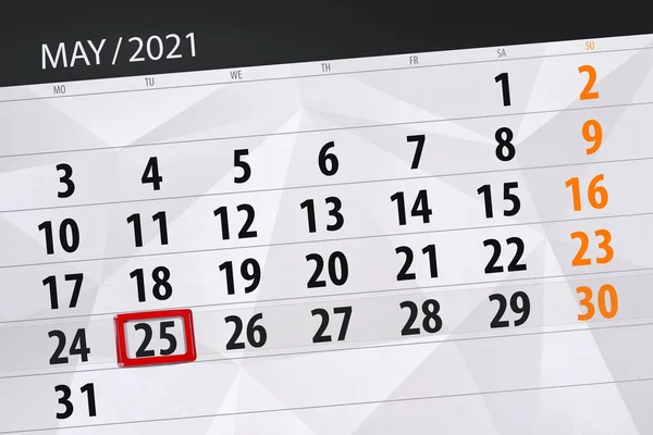 Kalendář Plánovač Měsíc Květen 2021 Termín Den Úterý — Stock fotografie