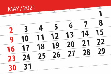 Ayın takvim planlayıcısı Mayıs 2021, son gün.