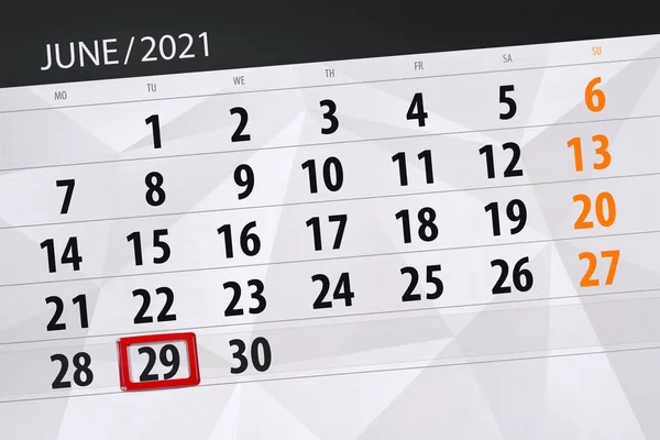 Planificator Calendar Pentru Luna Iunie 2021 Data Limită Marți — Fotografie, imagine de stoc