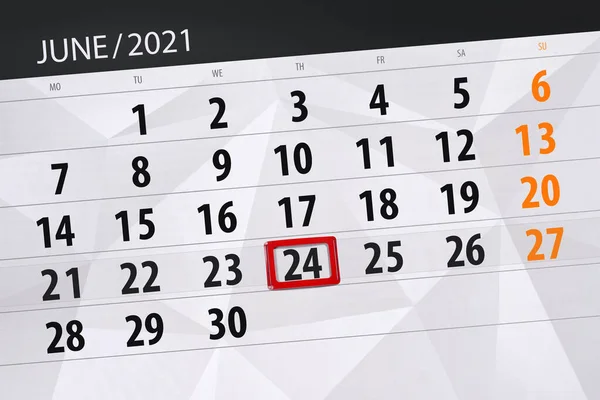 Planificator Calendar Pentru Luna Iunie 2021 Data Limită Joi — Fotografie, imagine de stoc