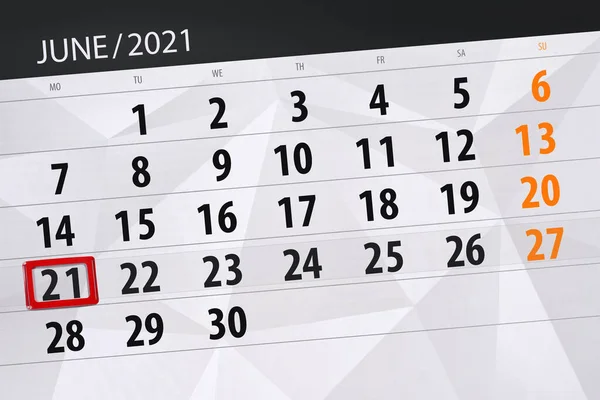 Planificator Calendar Pentru Luna Iunie 2021 Data Limită Luni — Fotografie, imagine de stoc