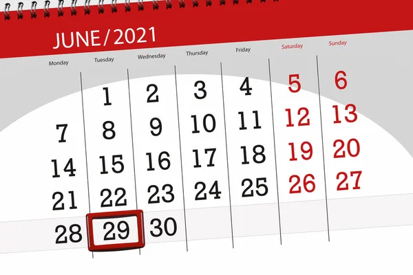 Kalender Planerare För Månaden Juni 2021 Deadline Dag Tisdag — Stockfoto