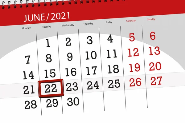 Kalender Planerare För Månaden Juni 2021 Deadline Dag Tisdag — Stockfoto