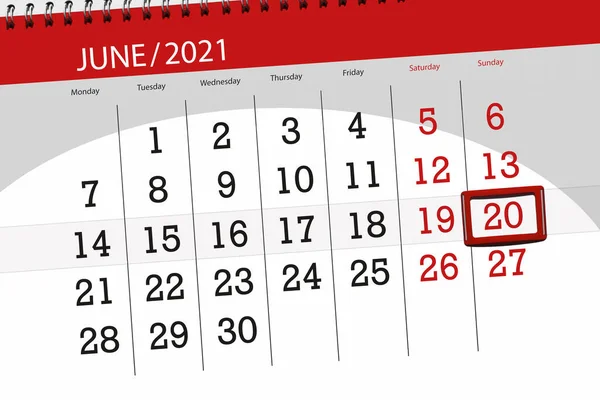 2021年6月的日历计划 截止日期 20日 星期日 — 图库照片
