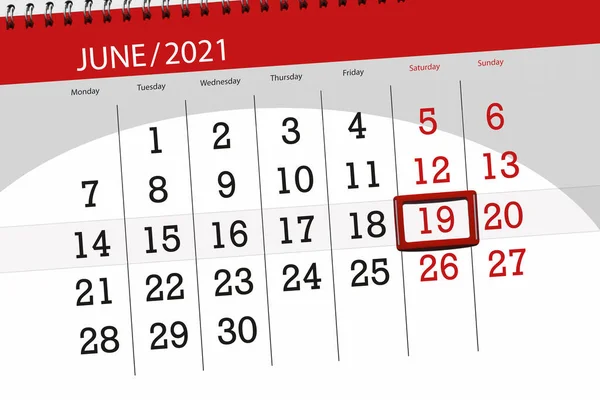 2021年6月的日历计划 截止日期 19日 星期六 — 图库照片