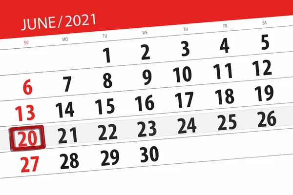 Kalender Planerare För Månaden Juni 2021 Deadline Dag Söndag — Stockfoto