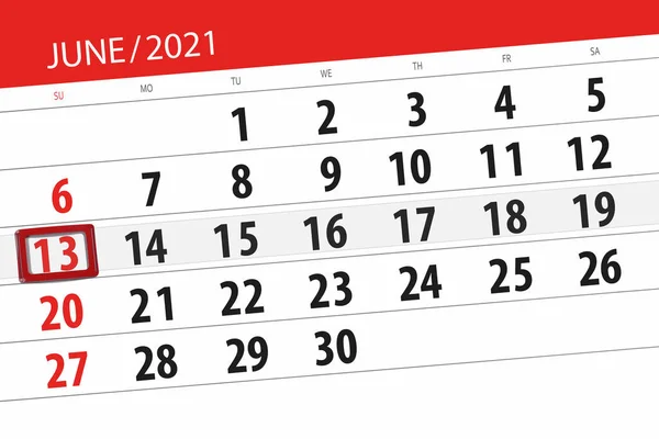 Kalendář Plánovač Měsíc Červen 2021 Termín Den Neděle — Stock fotografie