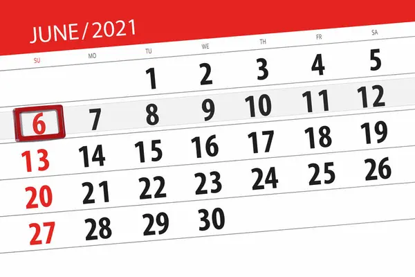 Kalender Planerare För Månaden Juni 2021 Deadline Dag Söndag — Stockfoto