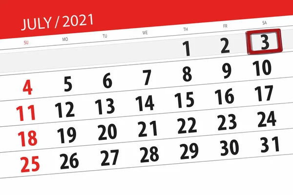 Kalendář Plánovač Měsíc Červenec 2021 Termín Den Sobota — Stock fotografie