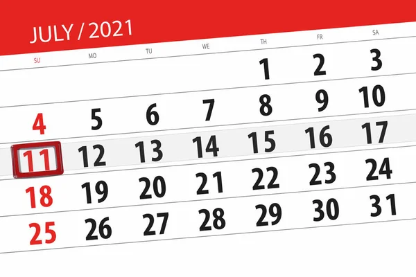Kalendář Plánovač Měsíc Červenec 2021 Termín Den Neděle — Stock fotografie