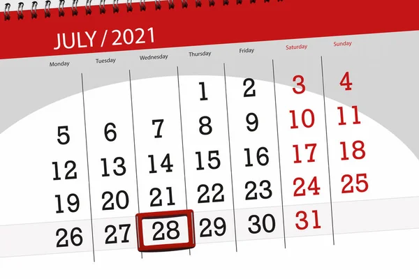 Kalendář Plánovač Měsíc Červenec 2021 Termín Den Středa — Stock fotografie