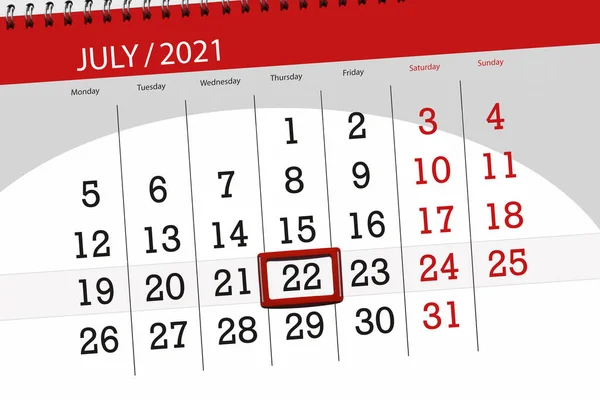 Kalendář Plánovač Měsíc Červenec 2021 Termín Den Čtvrtek — Stock fotografie
