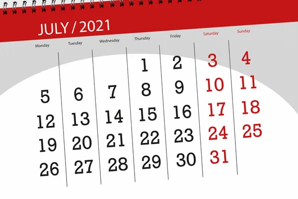 Kalendář Plánovač Měsíc Červenec 2021 Termín Den — Stock fotografie