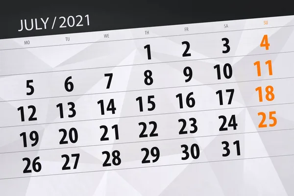 Planificator Calendar Pentru Luna Iulie 2021 Data Limită — Fotografie, imagine de stoc