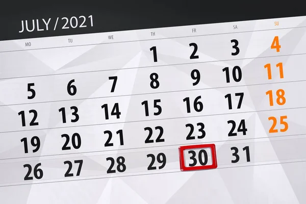 Planificator Calendar Pentru Luna Iulie 2021 Data Limită Vineri — Fotografie, imagine de stoc