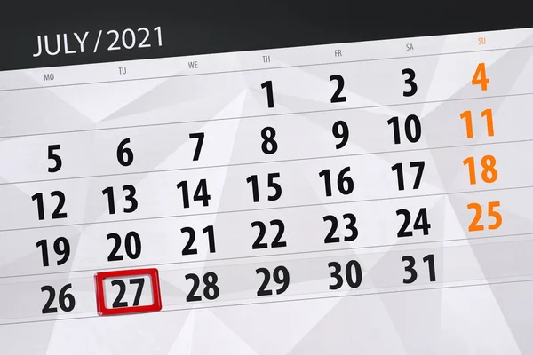 Planificator Calendar Pentru Luna Iulie 2021 Data Limită Marți — Fotografie, imagine de stoc