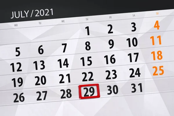 Planificator Calendar Pentru Luna Iulie 2021 Data Limită Joi — Fotografie, imagine de stoc