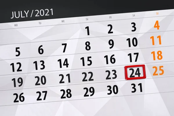 Planificator Calendar Pentru Luna Iulie 2021 Data Limită Sâmbătă — Fotografie, imagine de stoc