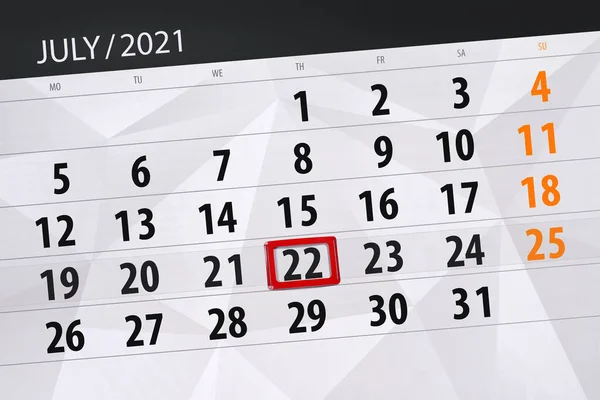 Planificator Calendar Pentru Luna Iulie 2021 Data Limită Joi — Fotografie, imagine de stoc