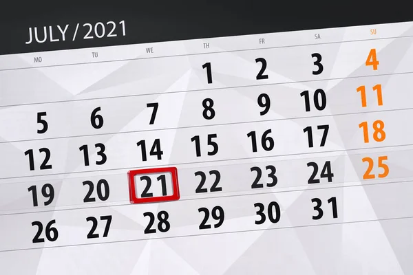 Planificator Calendar Pentru Luna Iulie 2021 Data Limită Miercuri — Fotografie, imagine de stoc