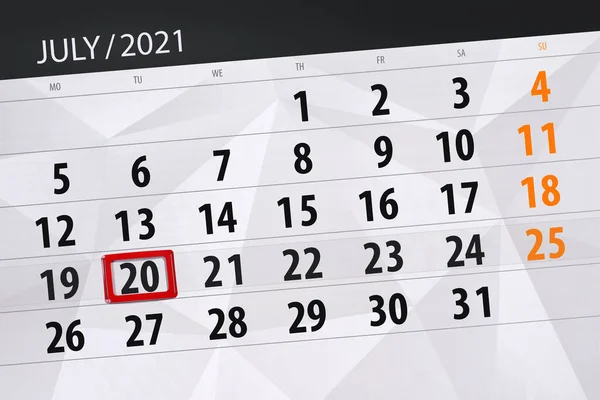 Planificator Calendar Pentru Luna Iulie 2021 Data Limită Marți — Fotografie, imagine de stoc