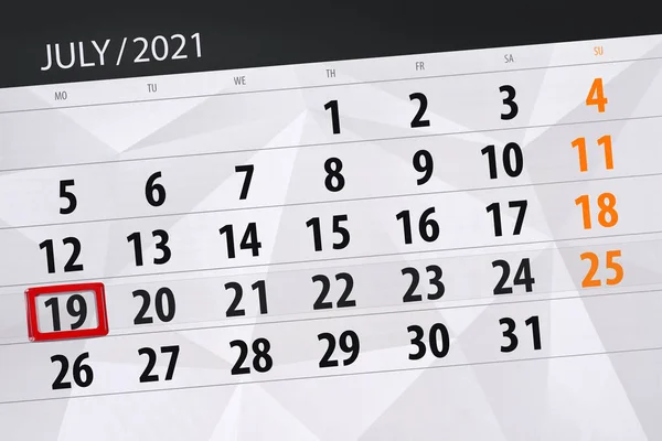 Planificator Calendar Pentru Luna Iulie 2021 Data Limită Luni — Fotografie, imagine de stoc