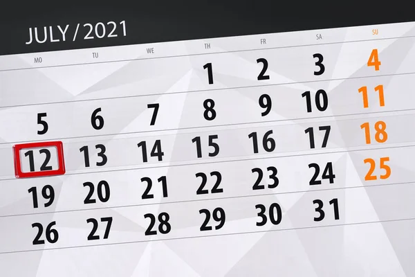 Planificator Calendar Pentru Luna Iulie 2021 Data Limită Luni — Fotografie, imagine de stoc