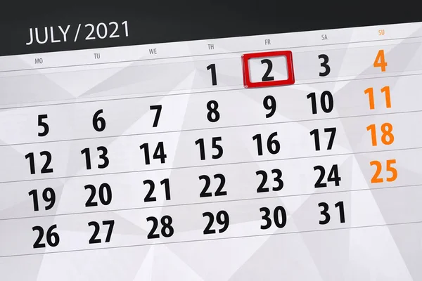 Planificator Calendar Pentru Luna Iulie 2021 Data Limită Vineri — Fotografie, imagine de stoc