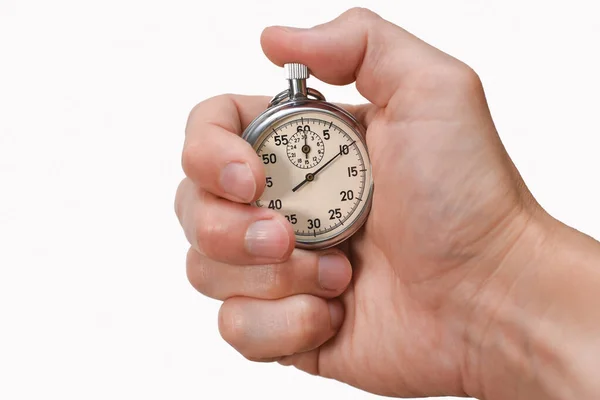 Kronometre Elinde Parmak Bir Düğmeye Basar Başla Bitir Ayır Kapat — Stok fotoğraf