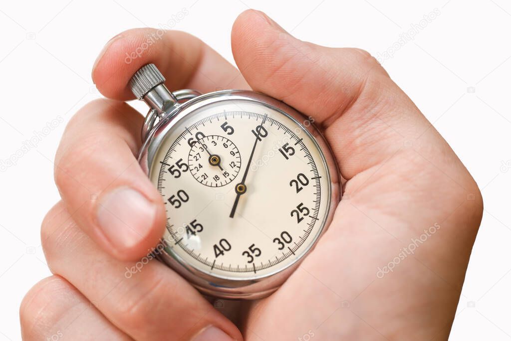 Stopwatch button presses hand finger on white background, isolate.