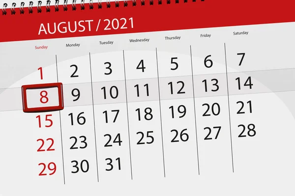 Kalender Planerare För Månaden Augusti 2021 Deadline Dag Söndag — Stockfoto