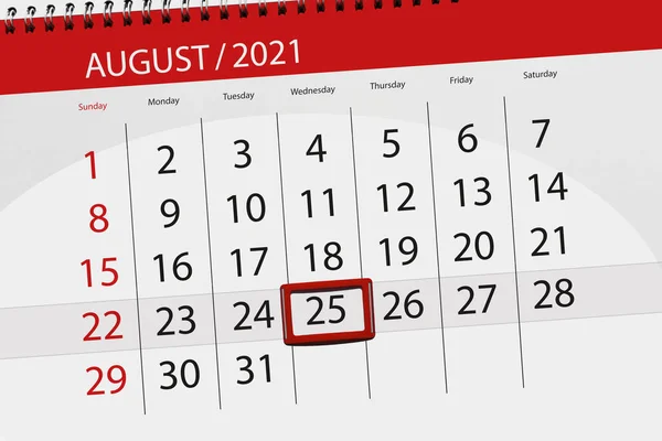 Kalendář Plánovač Měsíc Srpen 2021 Termín Den Středa — Stock fotografie