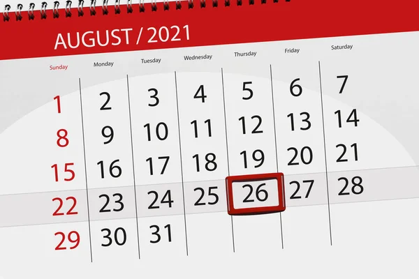 Kalender Planerare För Månaden Augusti 2021 Deadline Dag Torsdag — Stockfoto