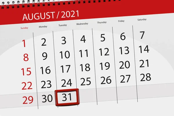 Kalendář Plánovač Měsíc Srpen 2021 Termín Den Úterý — Stock fotografie
